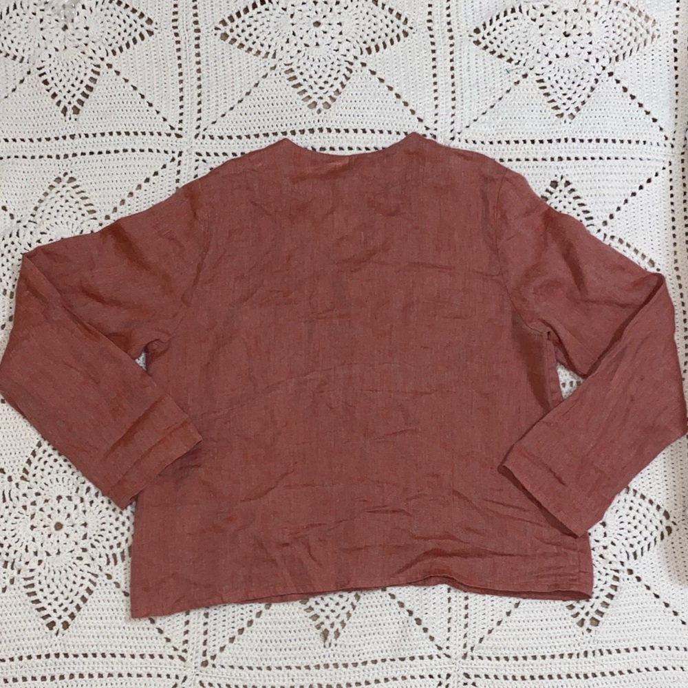 FLAX 100% Linen Orange Red Button Down Crewneck Long Sleeve Blouse Size M - Picture 9 of 9